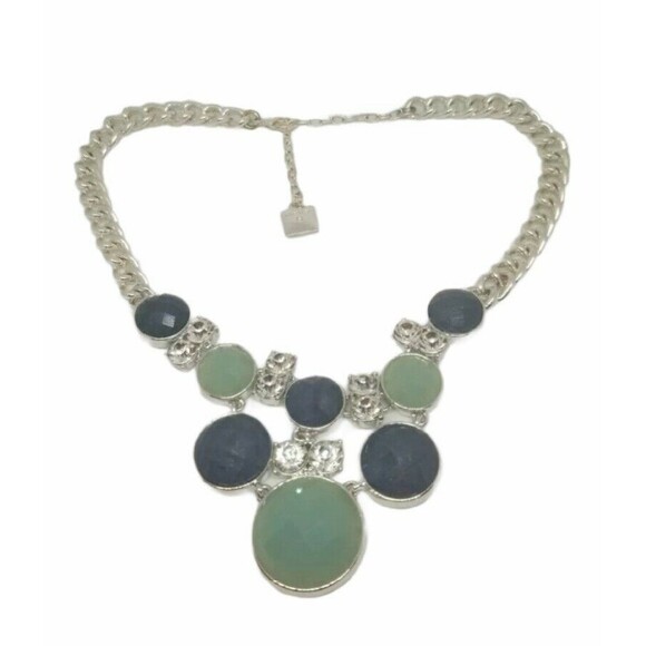 Anne Klein Chunky Statement Necklace Silver Tone Chain Green Faceted Circles - Picture 1 of 9